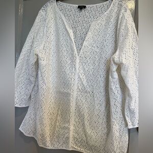 TALBOTS White EYELET V Neck Top Swim coverup Size XL EUC
